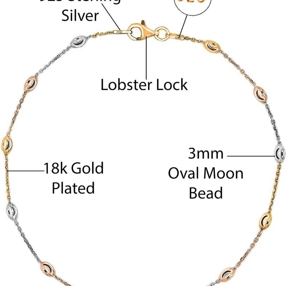 18K Gold Plated Over 925 Sterling Silver Station Oval Moon Bead Anklet Chain For - Picture 2 of 5